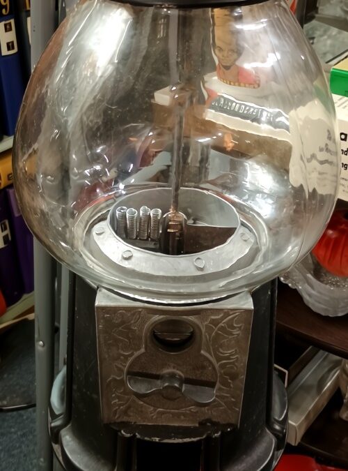 Floor model gumball machine, probably 1990s, available at BAHOUKAS ANTIQUE MALL in Havre de Grace, MD