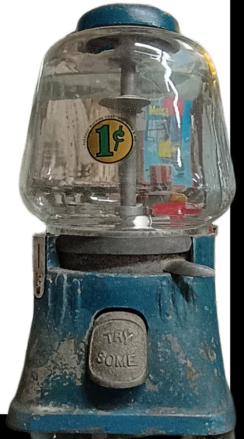 Table model gumball machine, 1920s-1930s, available at BAHOUKAS ANTIQUE MALL in Havre de Grace, MD