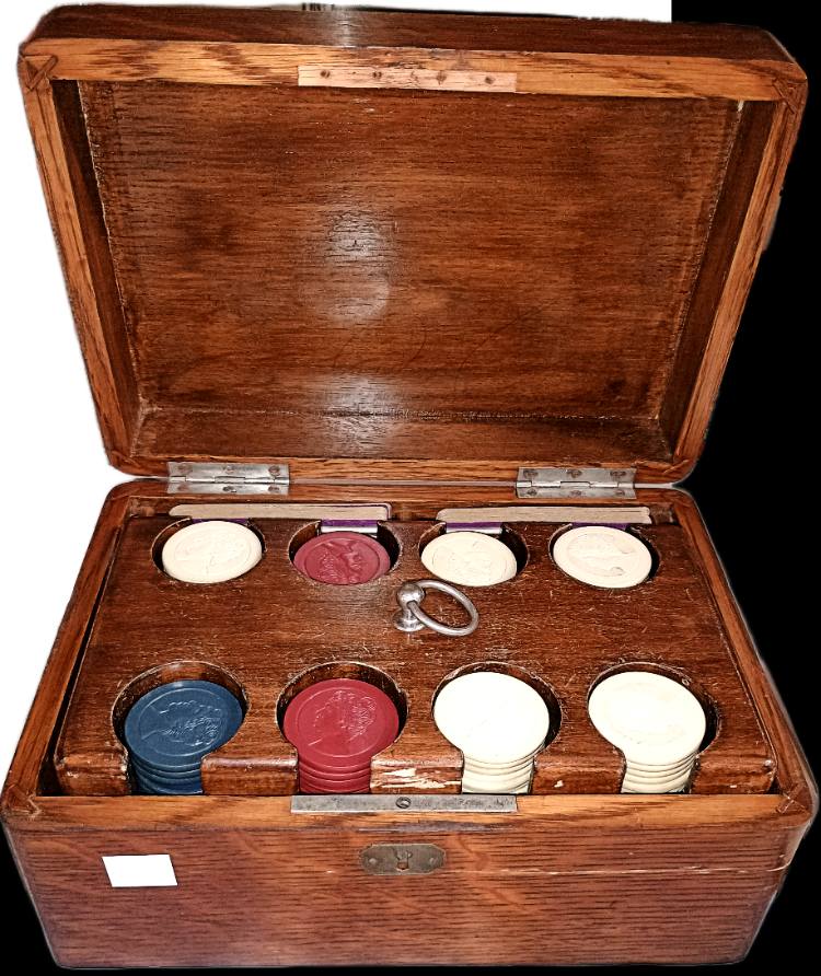 Beautiful wood box with poker chips - great gift idea available at BAHOUKAS ANTIQUE MALL in Havre de Grace