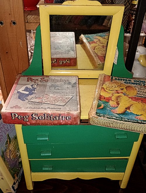 Yellow and Green child's dresser with mirror, games, books - 50% OFF if marked 'BK' - available at Bahoukas Antique Mall in Havre de Grace MD