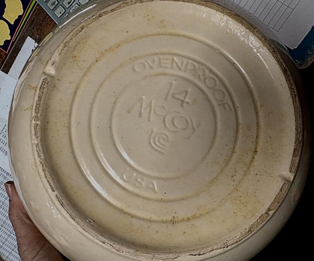 2 sets of McCoy Bowls - 3pc pink & blue band - 14", 12", 10" bowls and 1 brown band - 12", plus 1 plain white - 14". Available at BAHOUKAS ANTIQUES in Havre de Grace, MD