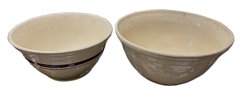 2 sets of McCoy Bowls - 3pc pink & blue band - 14", 12", 10" bowls and 1 brown band - 12", plus 1 plain white - 14". Available at BAHOUKAS ANTIQUES in Havre de Grace, MD