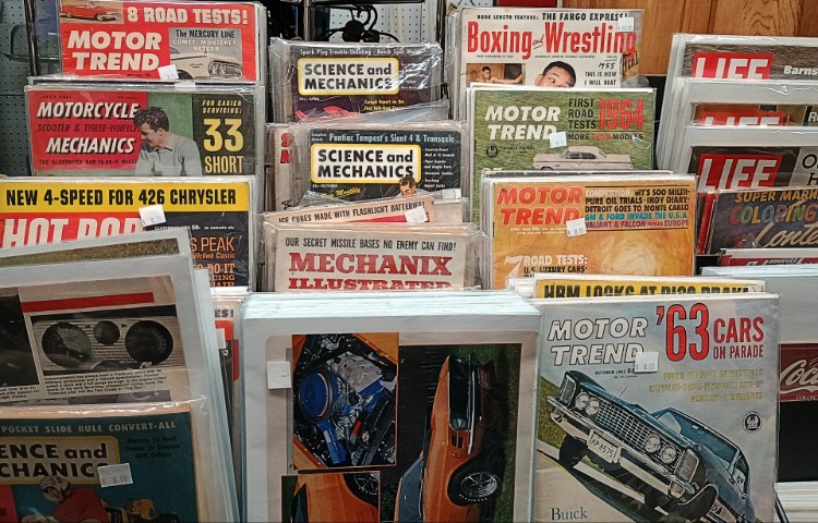 Variety of magazines including Motor Trend, Science and Mechanics, Hot Rod, Life, Mechanix Illustrated - available at Bahoukas Antiques